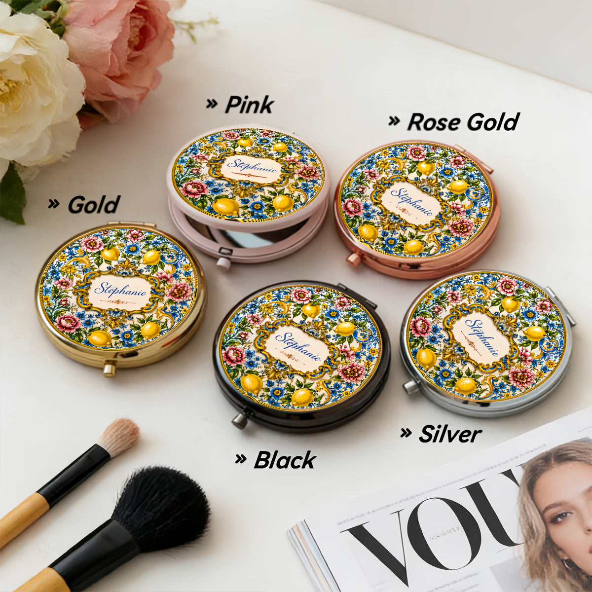Mediterranean Style & Majolica Print Blue Lemon - Personalized Circle Metallic Compact Mirror-Myprintsy