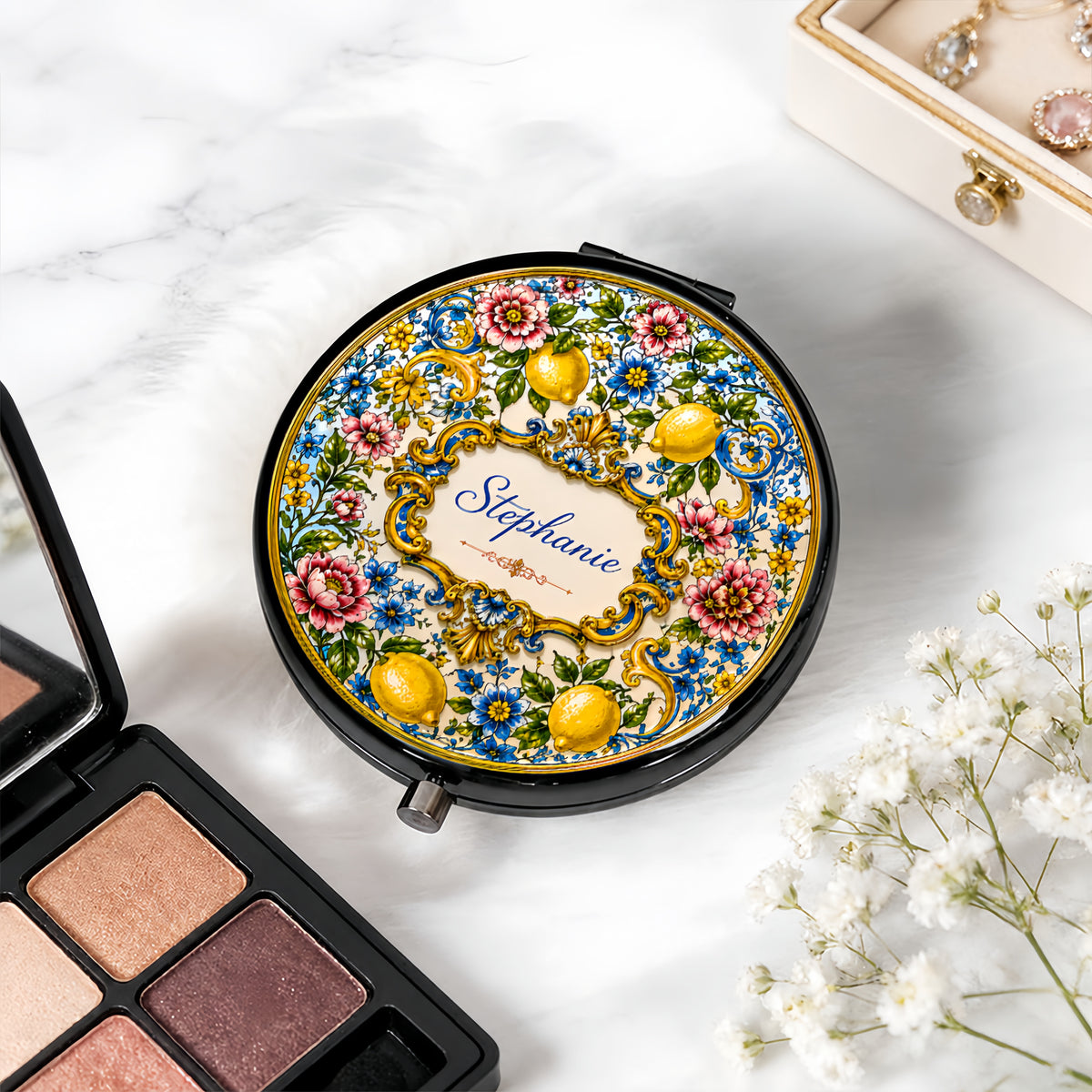 Mediterranean Style & Majolica Print Blue Lemon - Personalized Circle Metallic Compact Mirror-Myprintsy