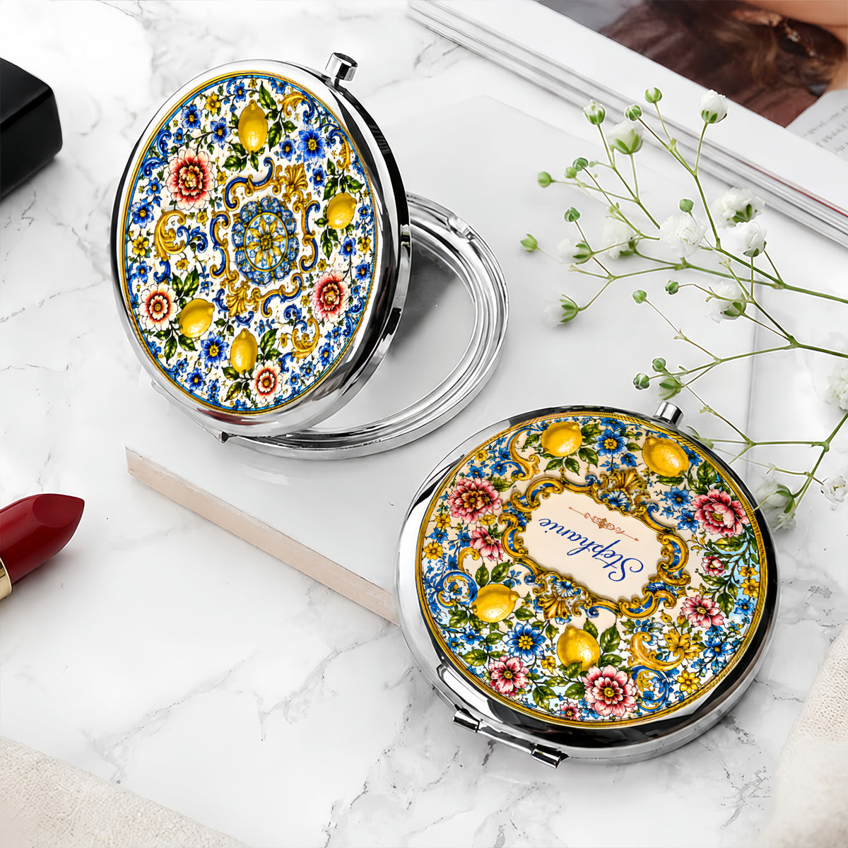 Mediterranean Style & Majolica Print Blue Lemon - Personalized Circle Metallic Compact Mirror-Myprintsy