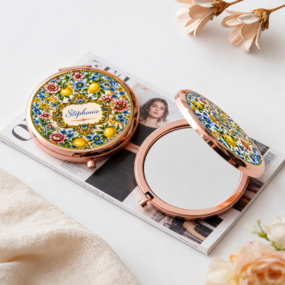 Mediterranean Style & Majolica Print Blue Lemon - Personalized Circle Metallic Compact Mirror-Myprintsy