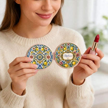 Mediterranean Style & Majolica Print Blue Lemon - Personalized Circle Metallic Compact Mirror-Myprintsy