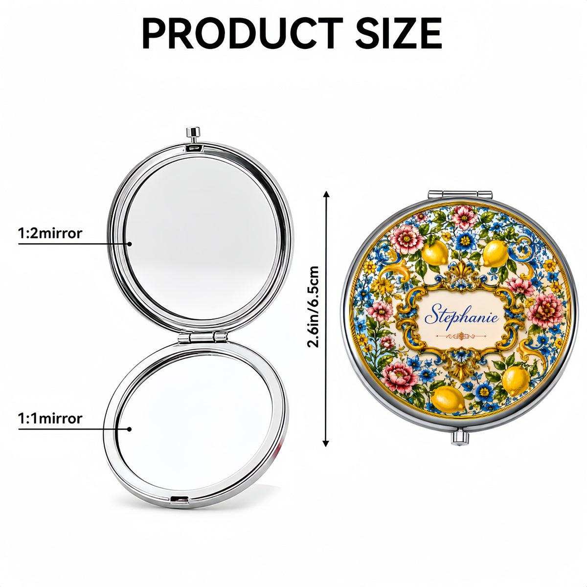 Mediterranean Style & Majolica Print Blue Lemon - Personalized Circle Metallic Compact Mirror-Myprintsy