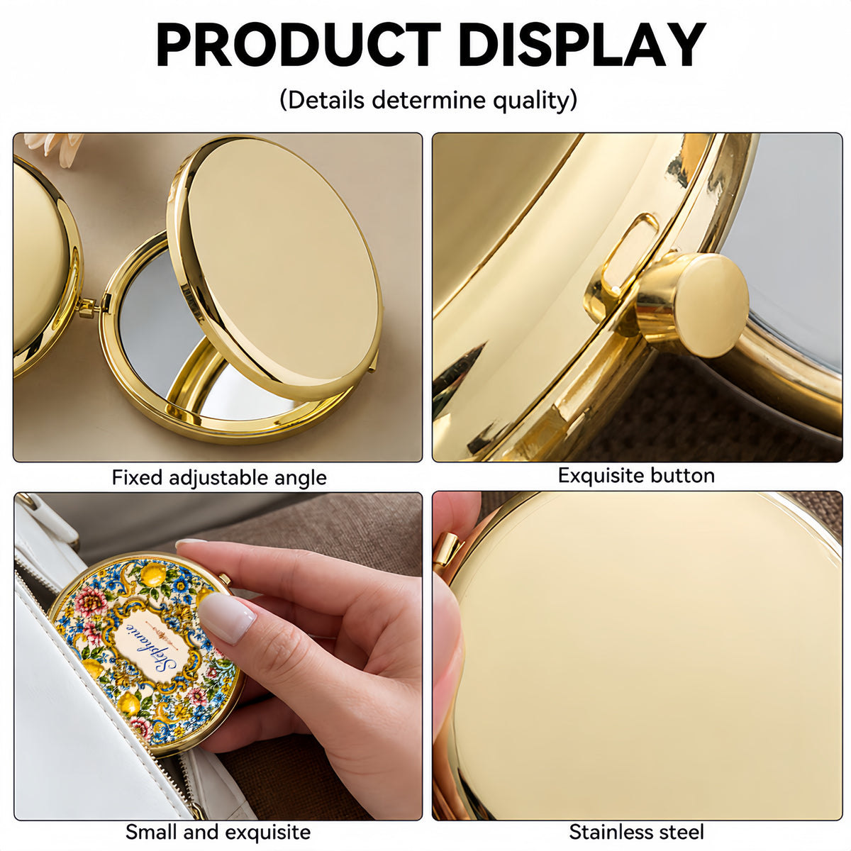 Mediterranean Style & Majolica Print Blue Lemon - Personalized Circle Metallic Compact Mirror-Myprintsy