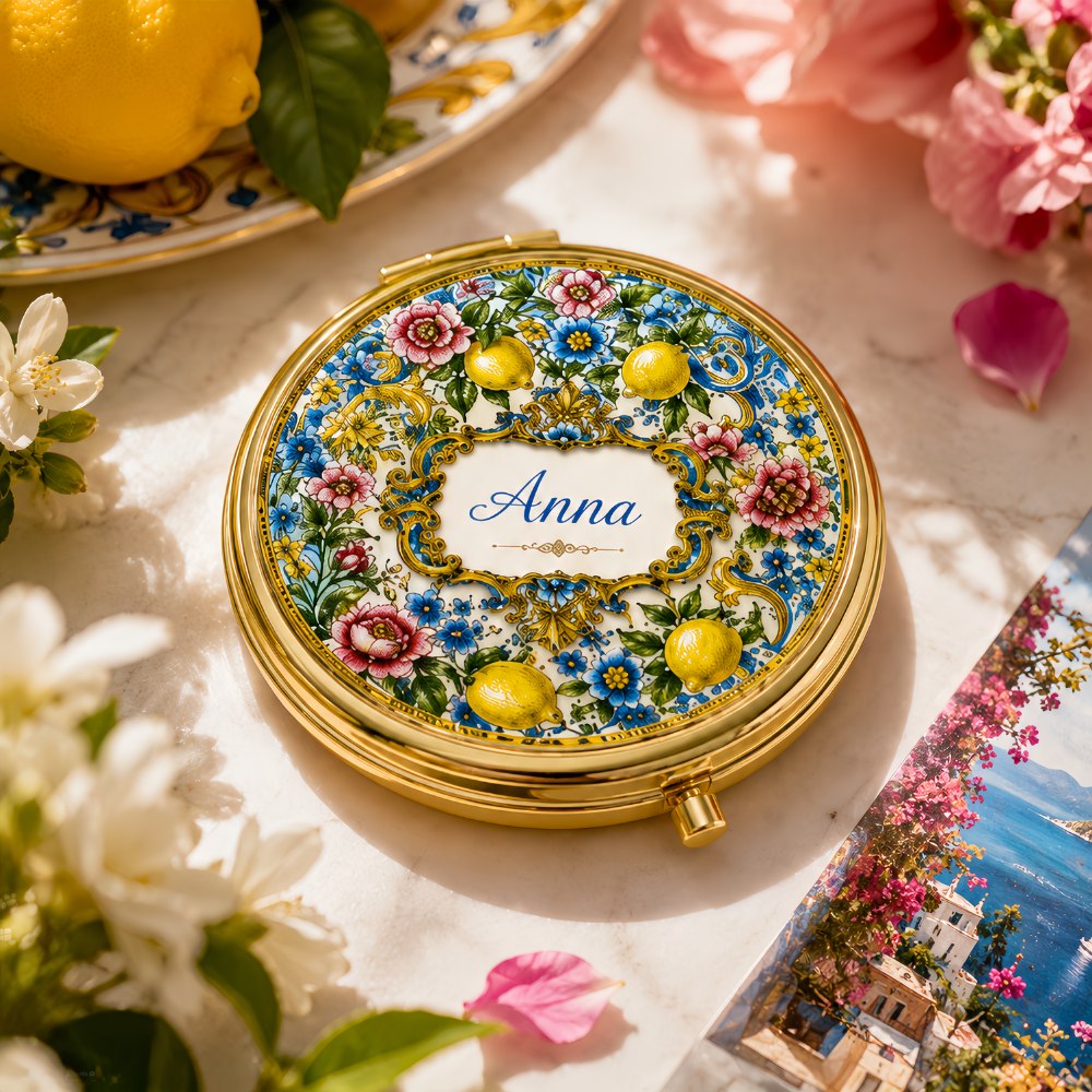 Mediterranean Style & Majolica Print Blue Lemon - Personalized Circle Metallic Compact Mirror-Myprintsy