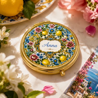 Mediterranean Style & Majolica Print Blue Lemon - Personalized Circle Metallic Compact Mirror-Myprintsy