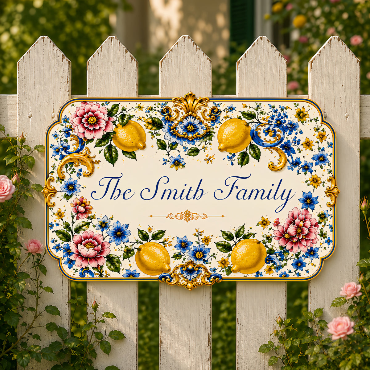 Mediterranean Style & Majolica Print Blue Lemon - Personalized Custom Shaped Metal Sign-Myprintsy