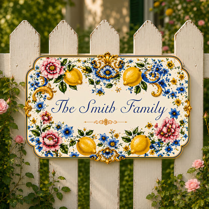 Mediterranean Style & Majolica Print Blue Lemon - Personalized Custom Shaped Metal Sign-Myprintsy