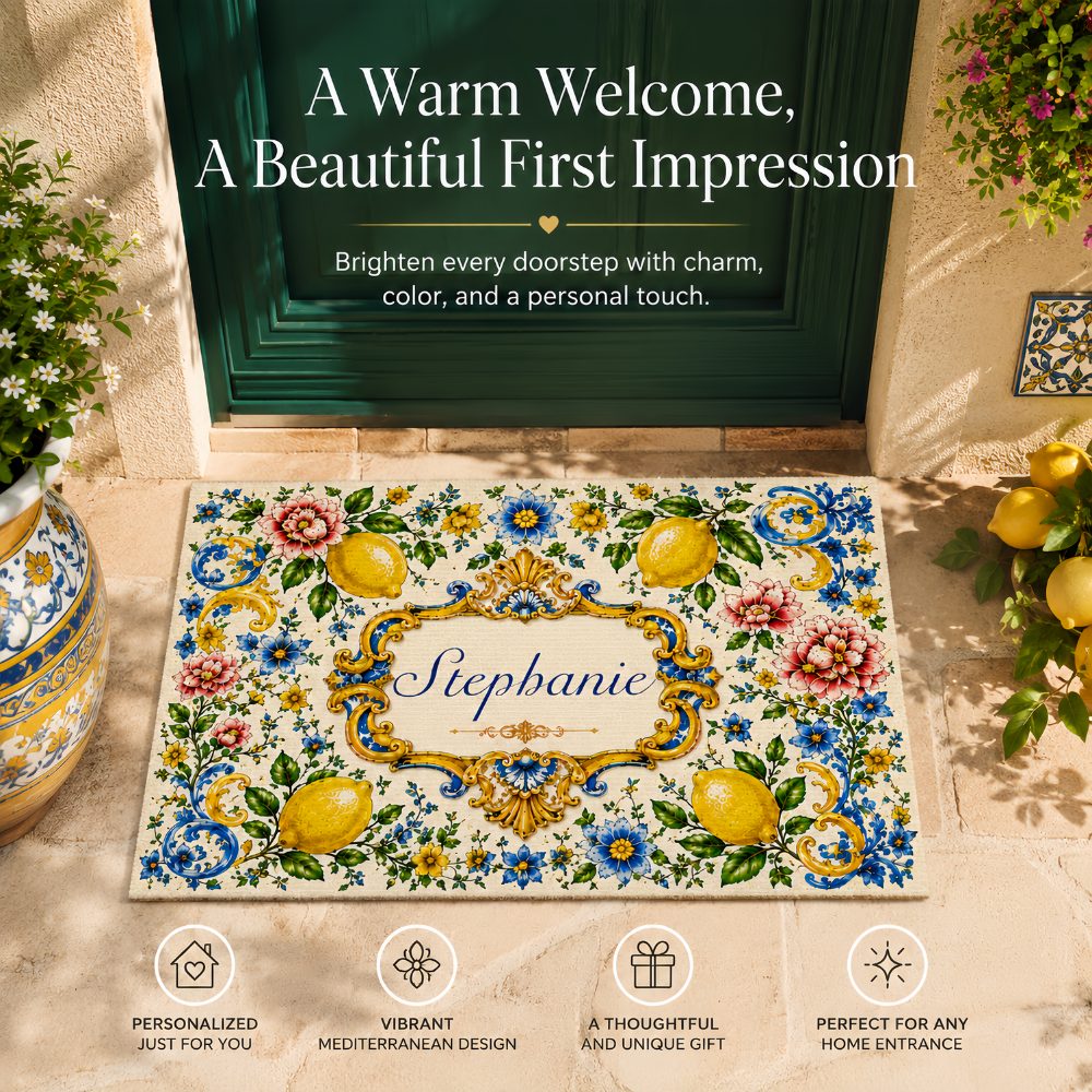 Mediterranean Style & Majolica Print Blue Lemon - Personalized Doormat-Myprintsy
