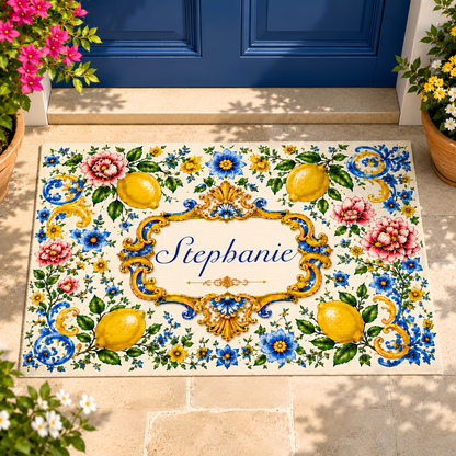 Mediterranean Style & Majolica Print Blue Lemon - Personalized Doormat-Myprintsy