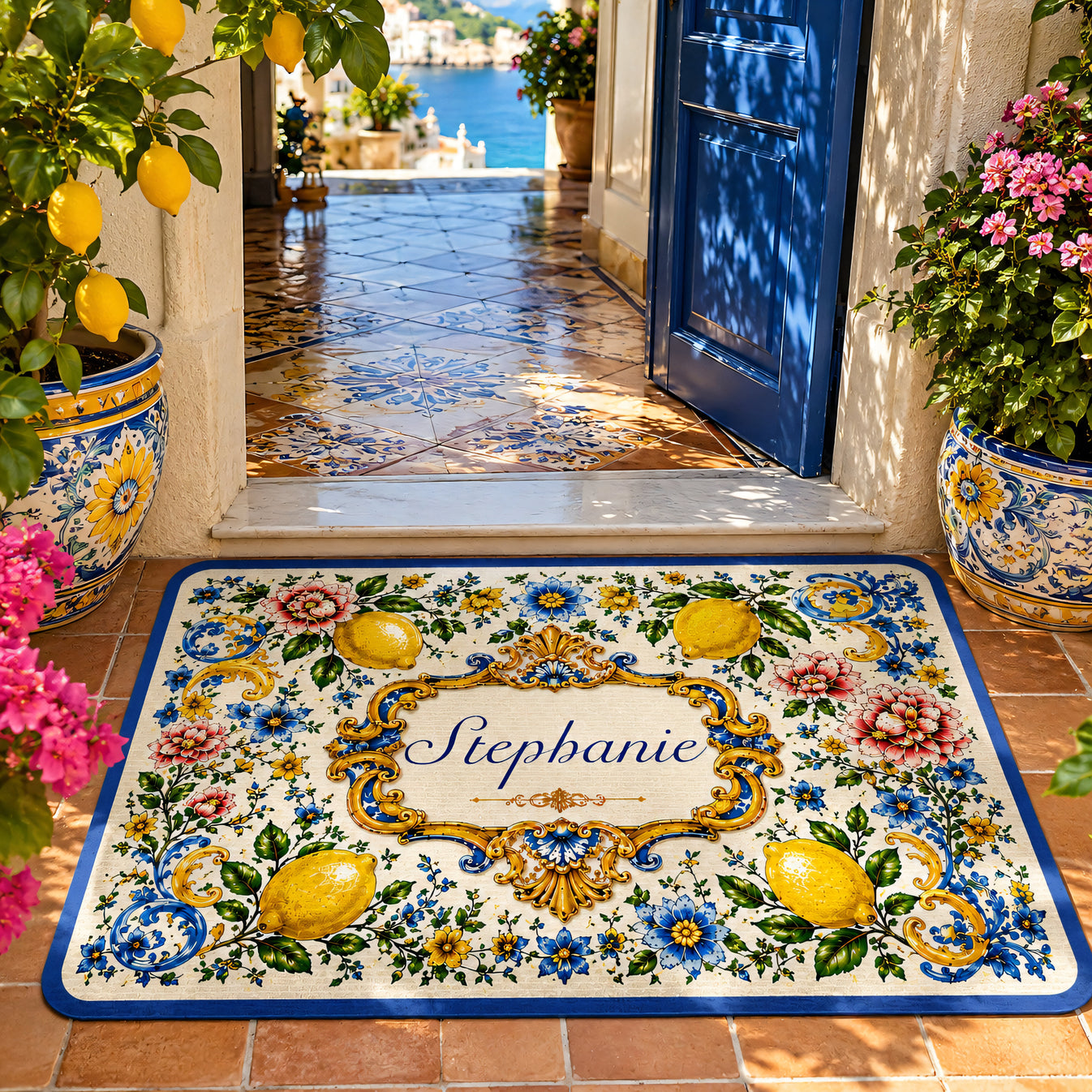 Mediterranean Style & Majolica Print Blue Lemon - Personalized Doormat-Myprintsy