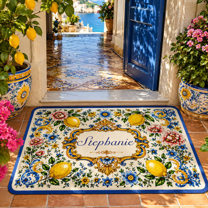 Mediterranean Style & Majolica Print Blue Lemon - Personalized Doormat-Myprintsy