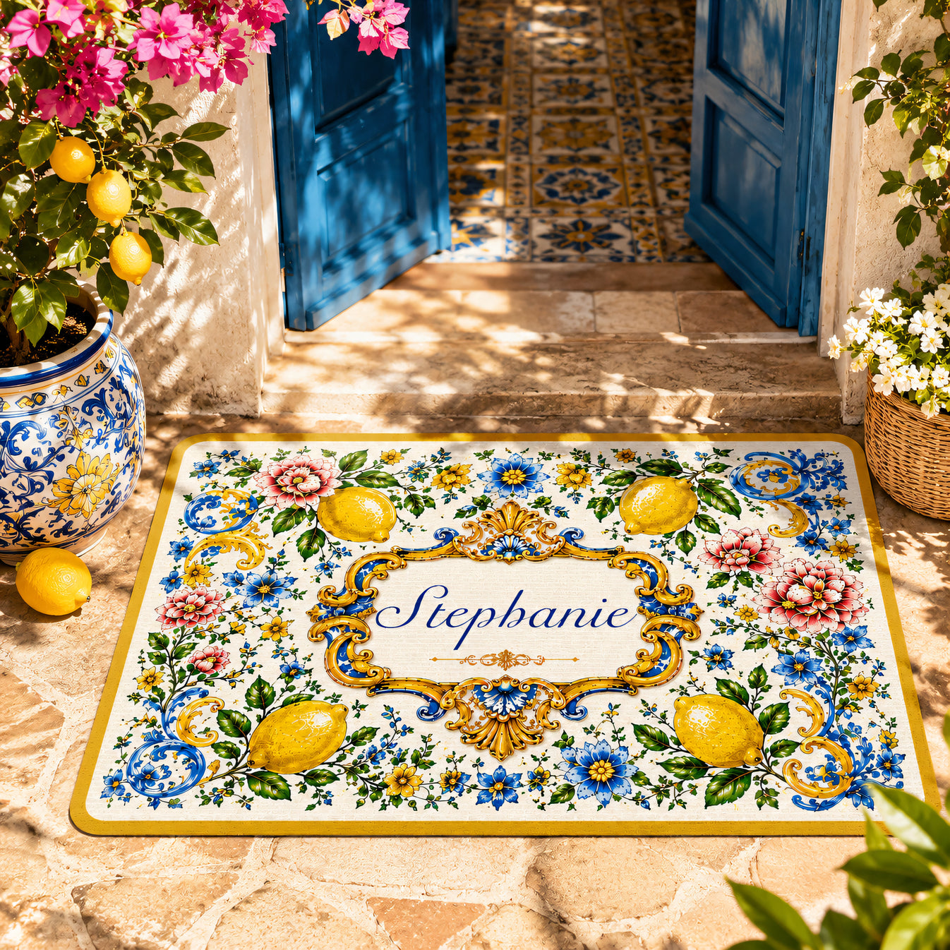Mediterranean Style & Majolica Print Blue Lemon - Personalized Doormat-Myprintsy