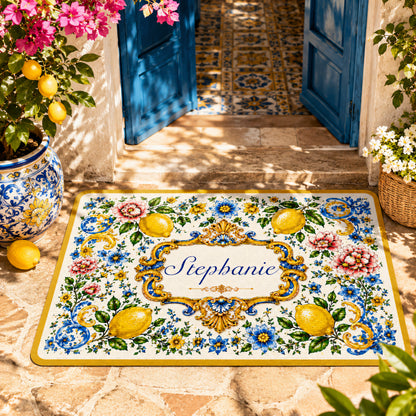 Mediterranean Style & Majolica Print Blue Lemon - Personalized Doormat-Myprintsy