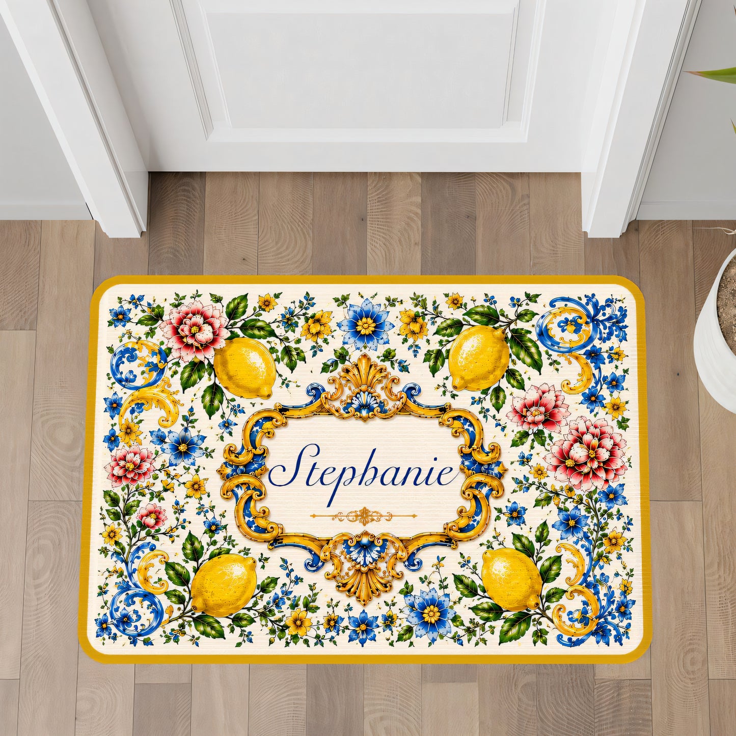 Mediterranean Style & Majolica Print Blue Lemon - Personalized Doormat-Myprintsy