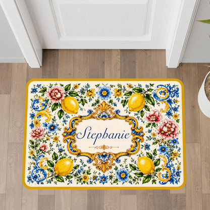 Mediterranean Style & Majolica Print Blue Lemon - Personalized Doormat-Myprintsy