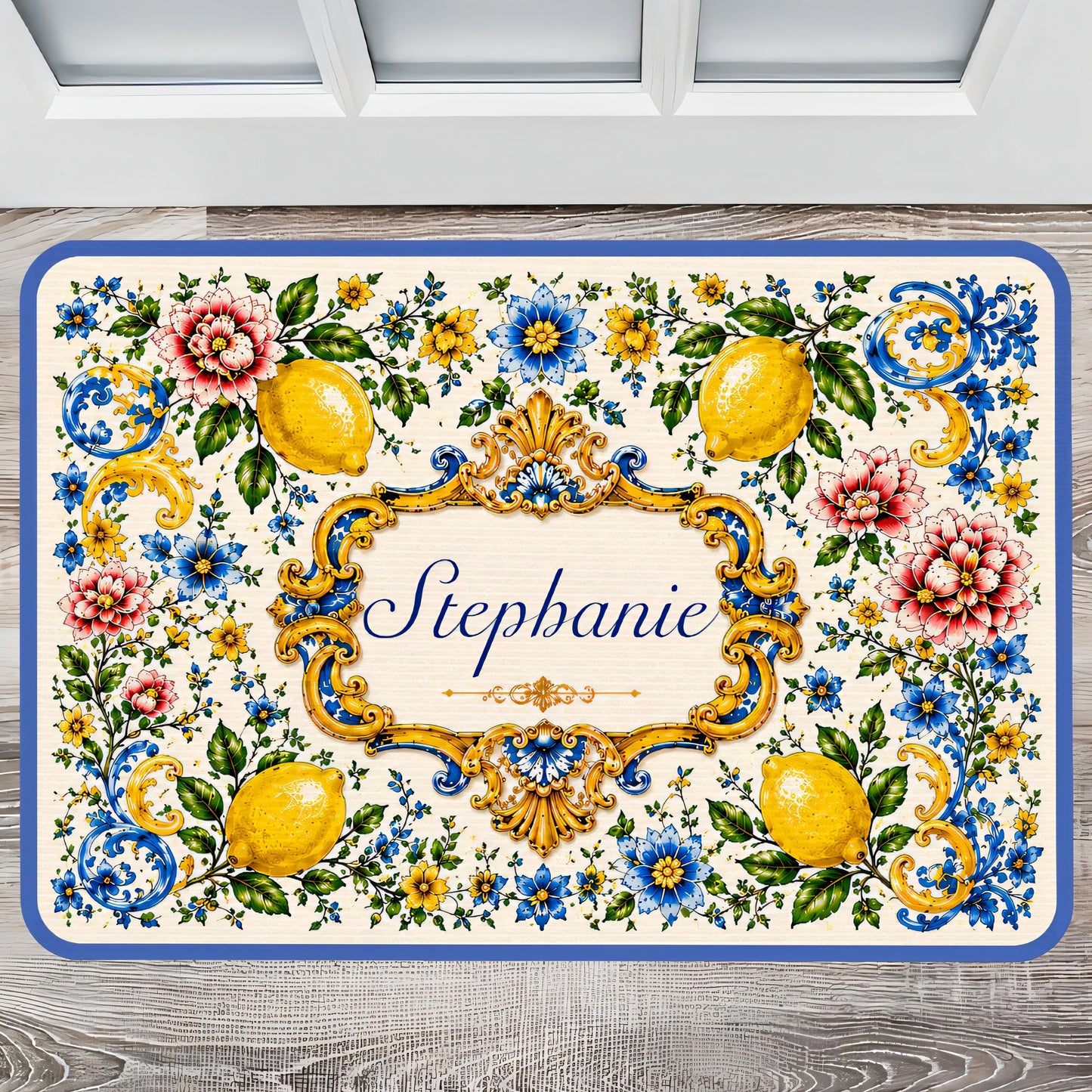 Mediterranean Style & Majolica Print Blue Lemon - Personalized Doormat-Myprintsy