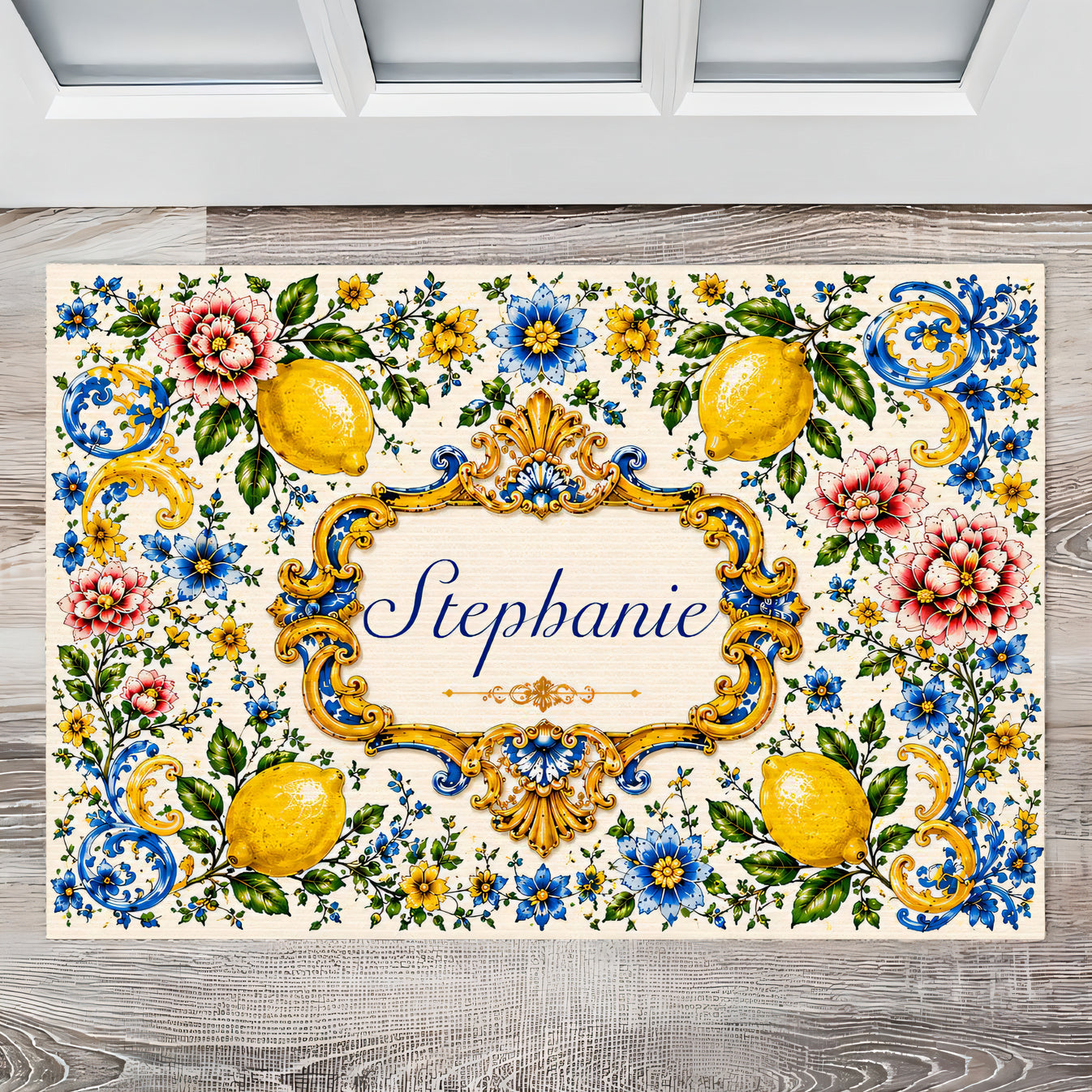 Mediterranean Style & Majolica Print Blue Lemon - Personalized Doormat-Myprintsy
