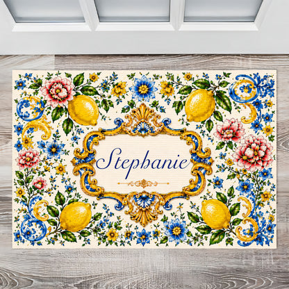 Mediterranean Style & Majolica Print Blue Lemon - Personalized Doormat-Myprintsy
