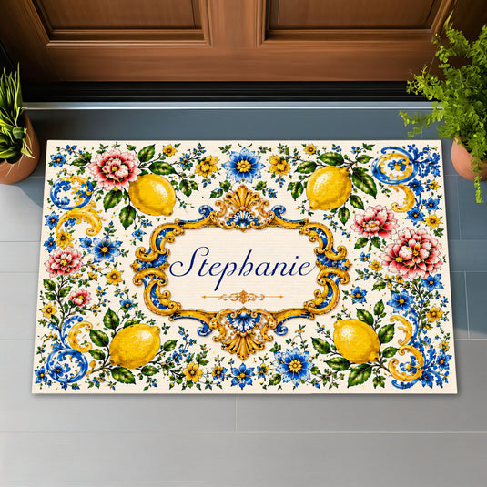 Mediterranean Style & Majolica Print Blue Lemon - Personalized Doormat-Myprintsy