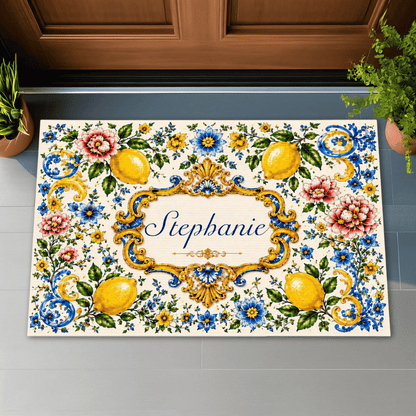 Mediterranean Style & Majolica Print Blue Lemon - Personalized Doormat-Myprintsy