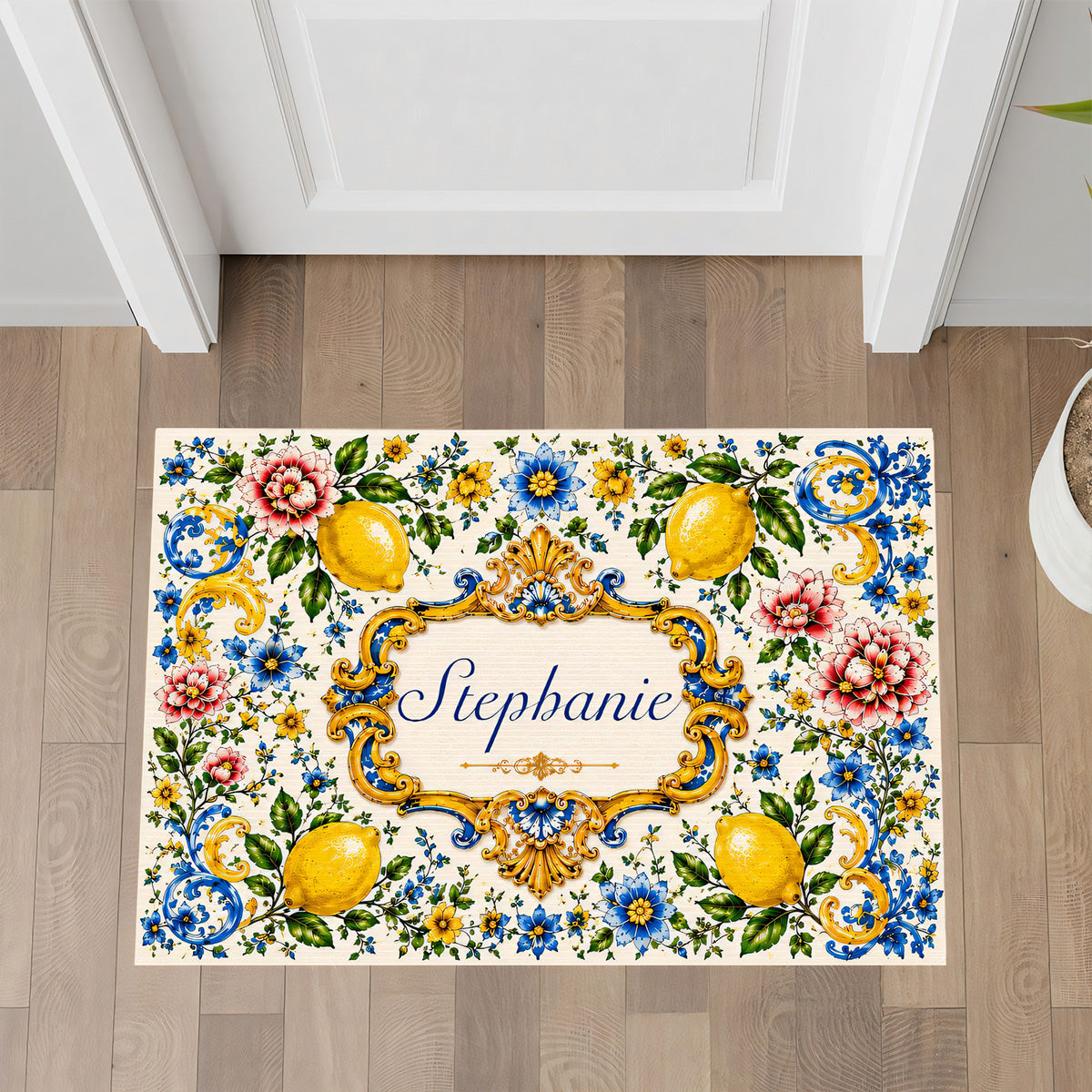 Mediterranean Style & Majolica Print Blue Lemon - Personalized Doormat-Myprintsy