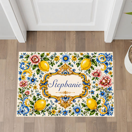 Mediterranean Style & Majolica Print Blue Lemon - Personalized Doormat-Myprintsy