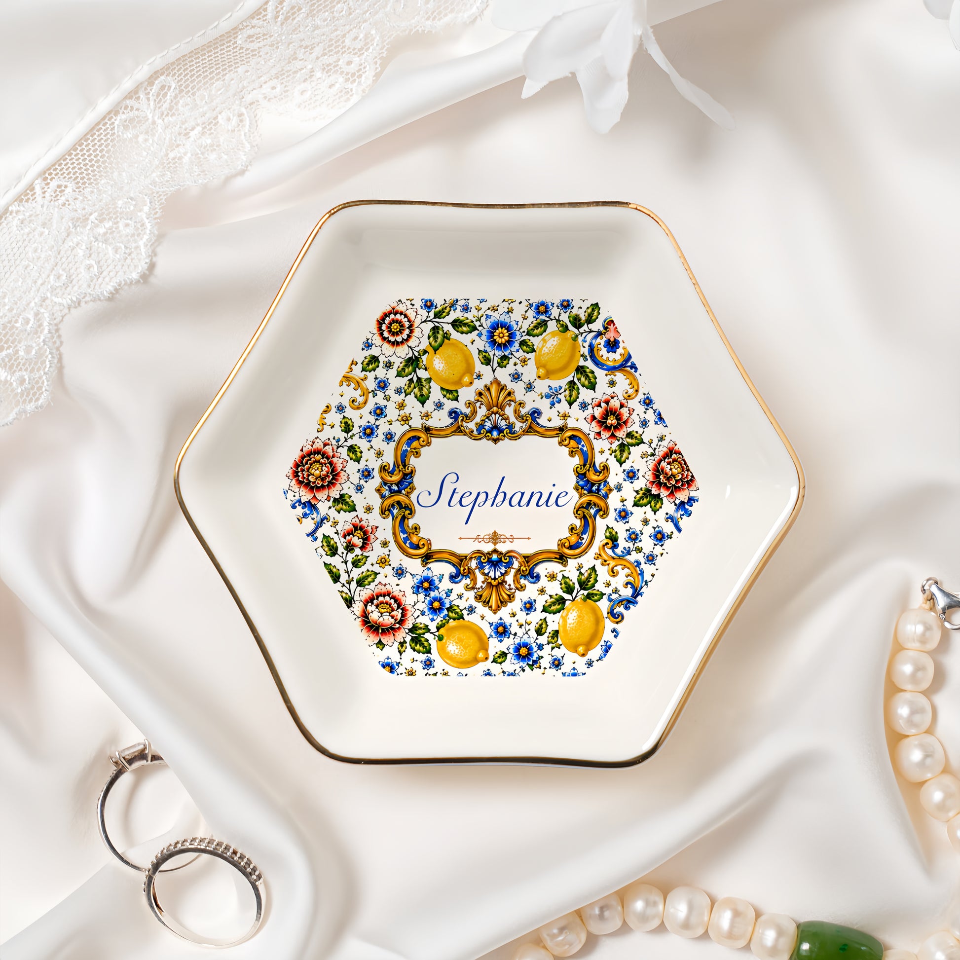 Mediterranean Style & Majolica Print Blue Lemon - Personalized Jewelry Dish-Myprintsy