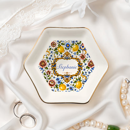 Mediterranean Style & Majolica Print Blue Lemon - Personalized Jewelry Dish-Myprintsy