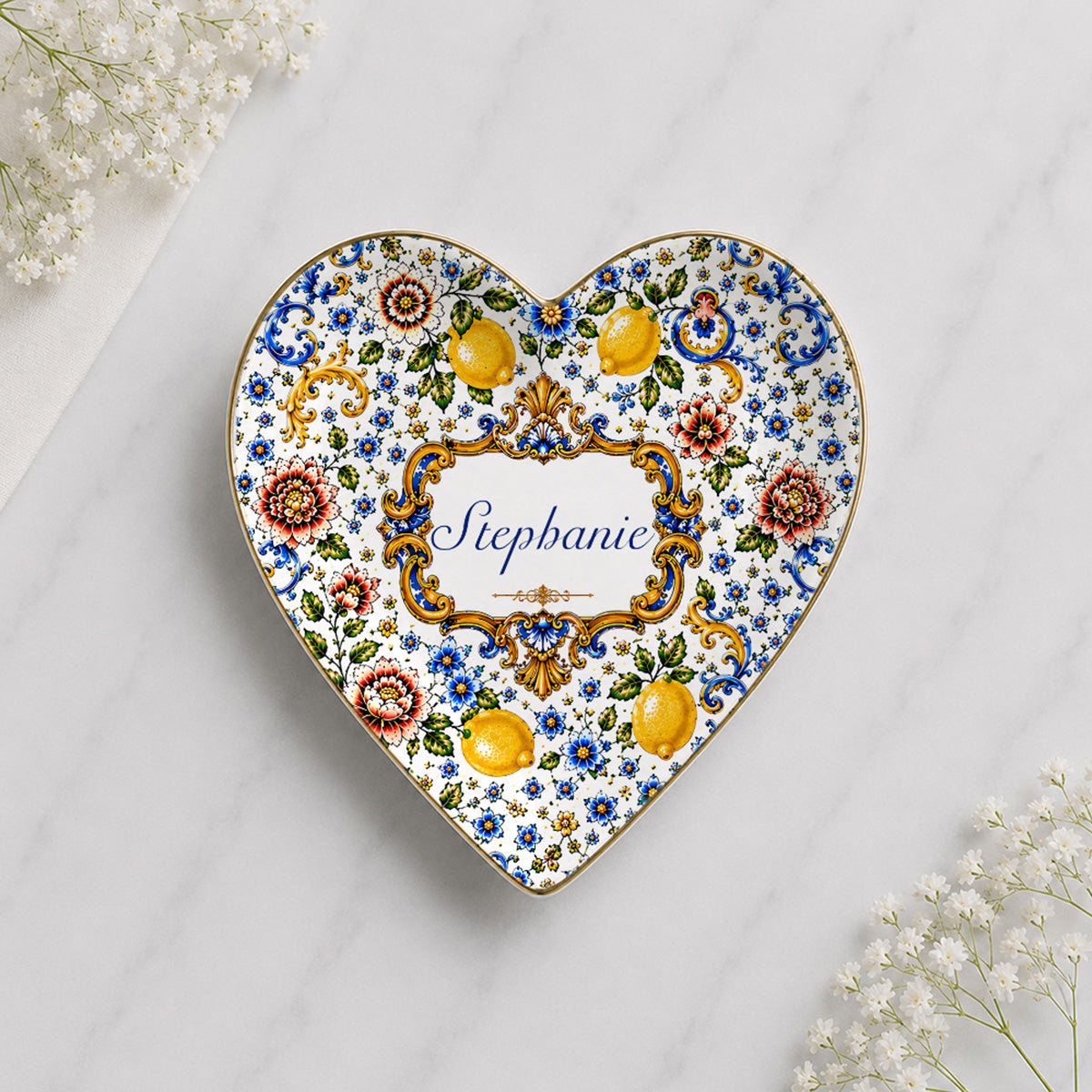 Mediterranean Style & Majolica Print Blue Lemon - Personalized Jewelry Dish-Myprintsy