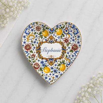Mediterranean Style & Majolica Print Blue Lemon - Personalized Jewelry Dish-Myprintsy