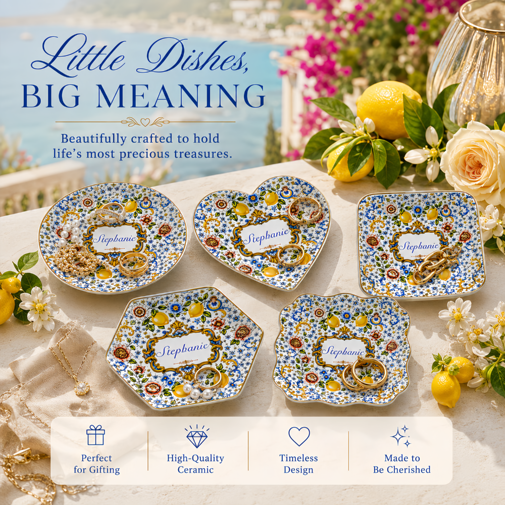 Mediterranean Style & Majolica Print Blue Lemon - Personalized Jewelry Dish-Myprintsy