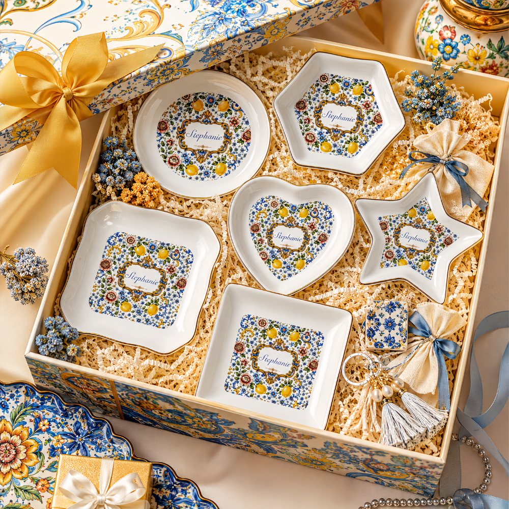 Mediterranean Style & Majolica Print Blue Lemon - Personalized Jewelry Dish-Myprintsy