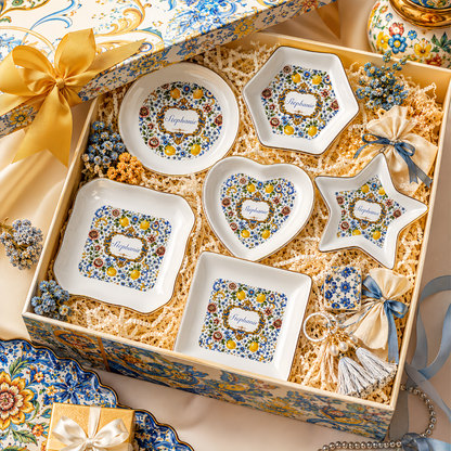 Mediterranean Style & Majolica Print Blue Lemon - Personalized Jewelry Dish-Myprintsy