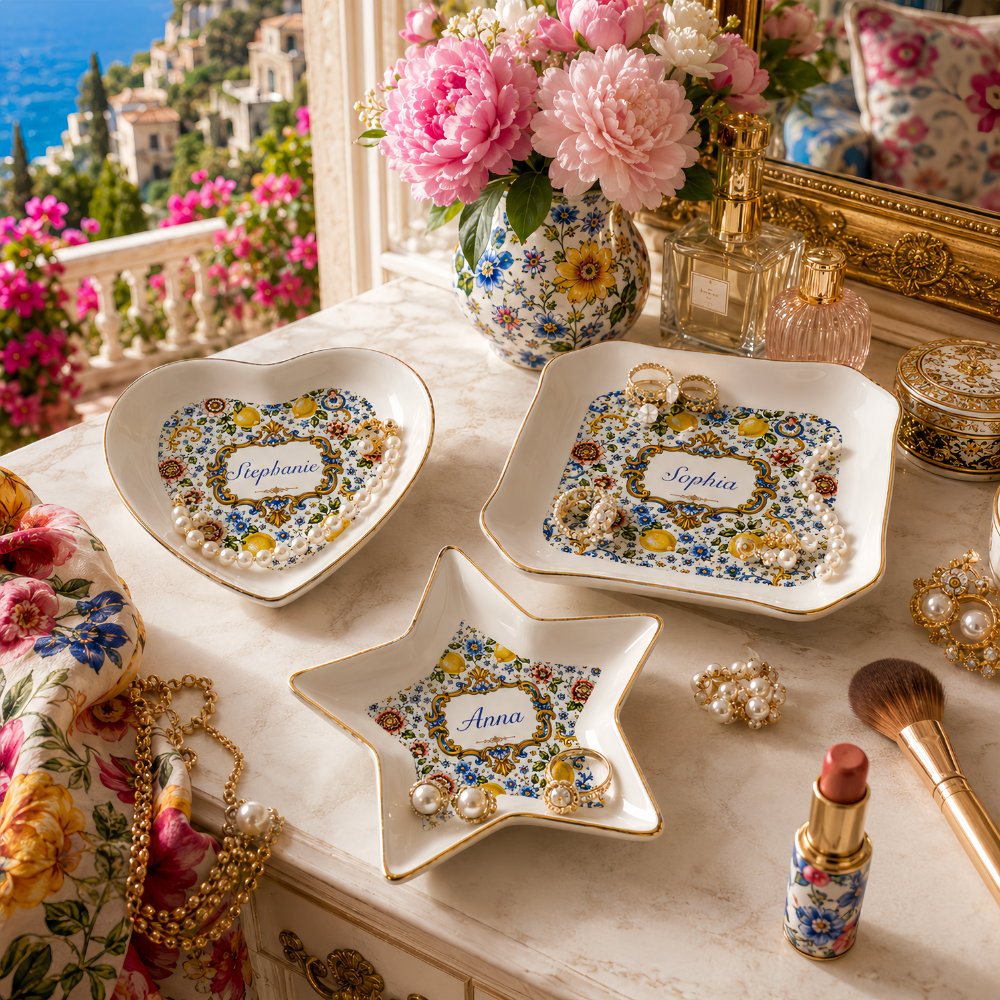 Mediterranean Style & Majolica Print Blue Lemon - Personalized Jewelry Dish-Myprintsy