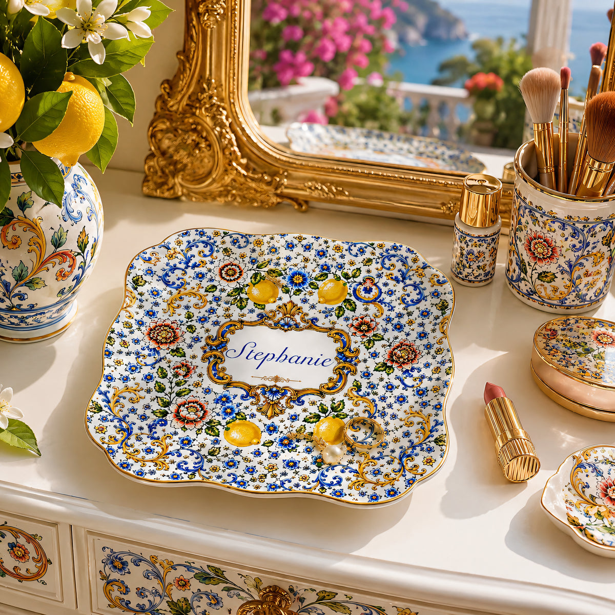 Mediterranean Style & Majolica Print Blue Lemon - Personalized Jewelry Dish-Myprintsy