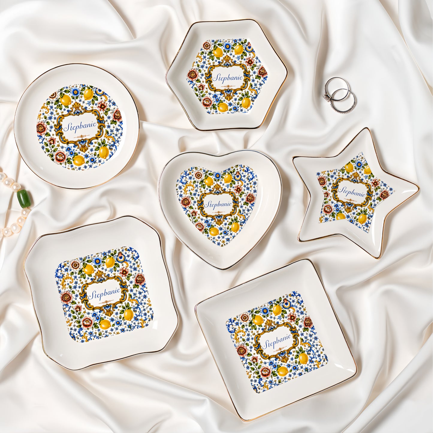 Mediterranean Style & Majolica Print Blue Lemon - Personalized Jewelry Dish-Myprintsy
