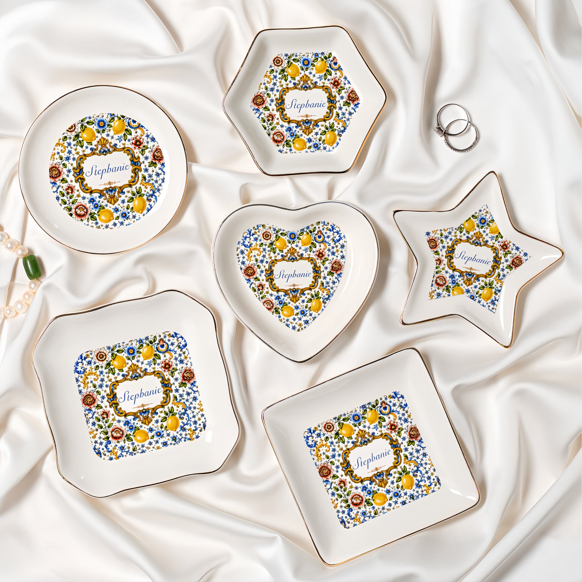 Mediterranean Style & Majolica Print Blue Lemon - Personalized Jewelry Dish-Myprintsy