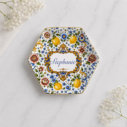 Mediterranean Style & Majolica Print Blue Lemon - Personalized Jewelry Dish-Myprintsy