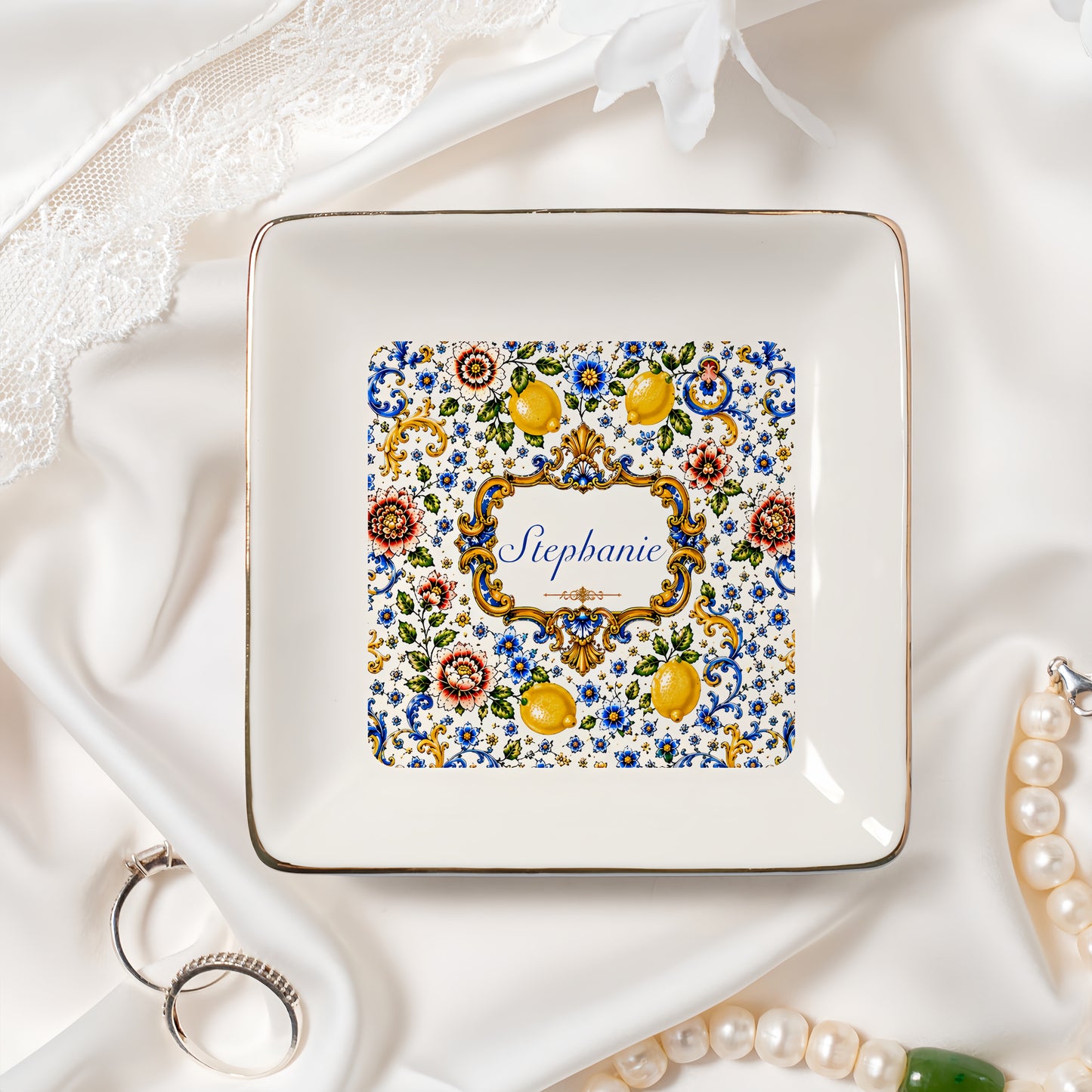 Mediterranean Style & Majolica Print Blue Lemon - Personalized Jewelry Dish-Myprintsy