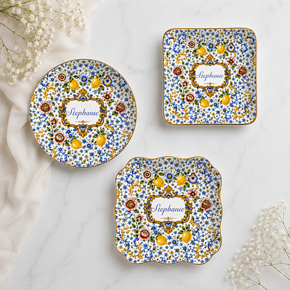 Mediterranean Style & Majolica Print Blue Lemon - Personalized Jewelry Dish-Myprintsy
