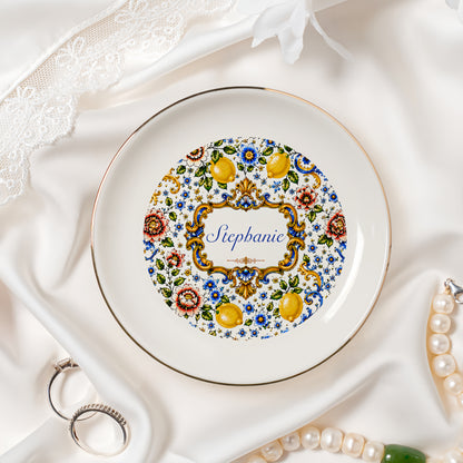 Mediterranean Style & Majolica Print Blue Lemon - Personalized Jewelry Dish-Myprintsy