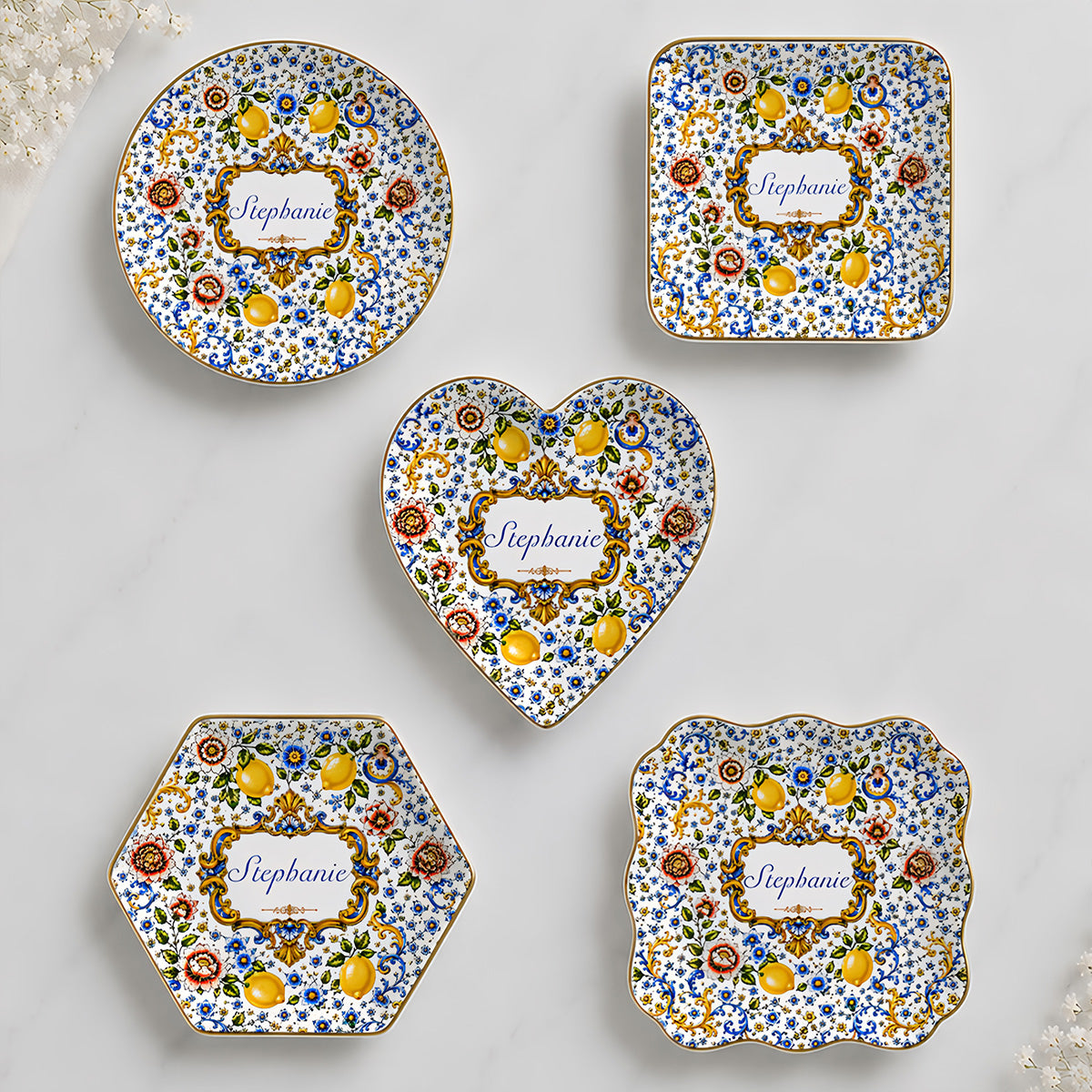 Mediterranean Style & Majolica Print Blue Lemon - Personalized Jewelry Dish-Myprintsy