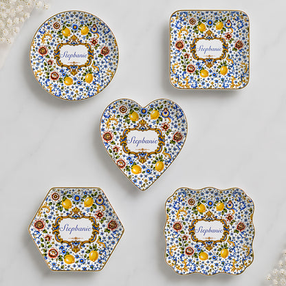 Mediterranean Style & Majolica Print Blue Lemon - Personalized Jewelry Dish-Myprintsy