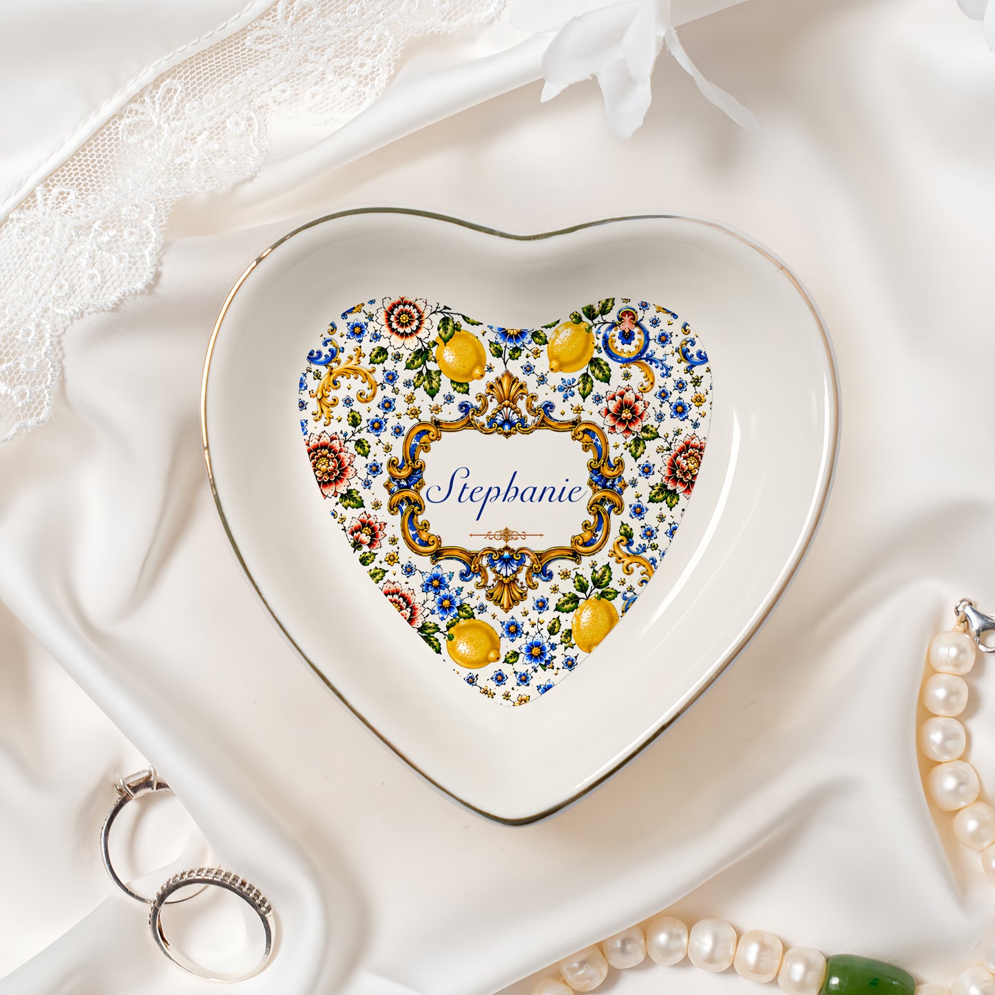 Mediterranean Style & Majolica Print Blue Lemon - Personalized Jewelry Dish-Myprintsy