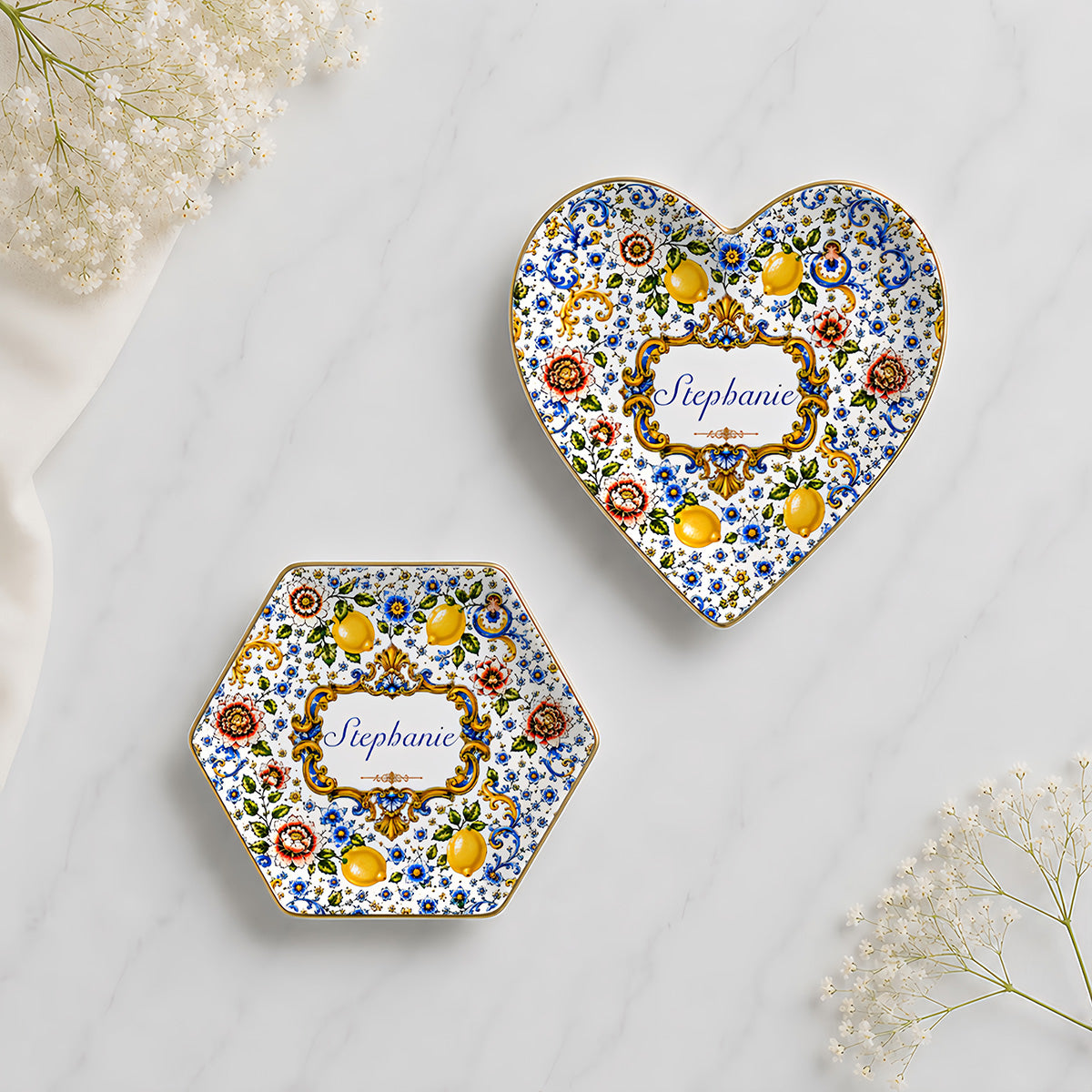 Mediterranean Style & Majolica Print Blue Lemon - Personalized Jewelry Dish-Myprintsy
