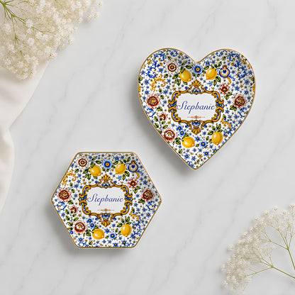 Mediterranean Style & Majolica Print Blue Lemon - Personalized Jewelry Dish-Myprintsy