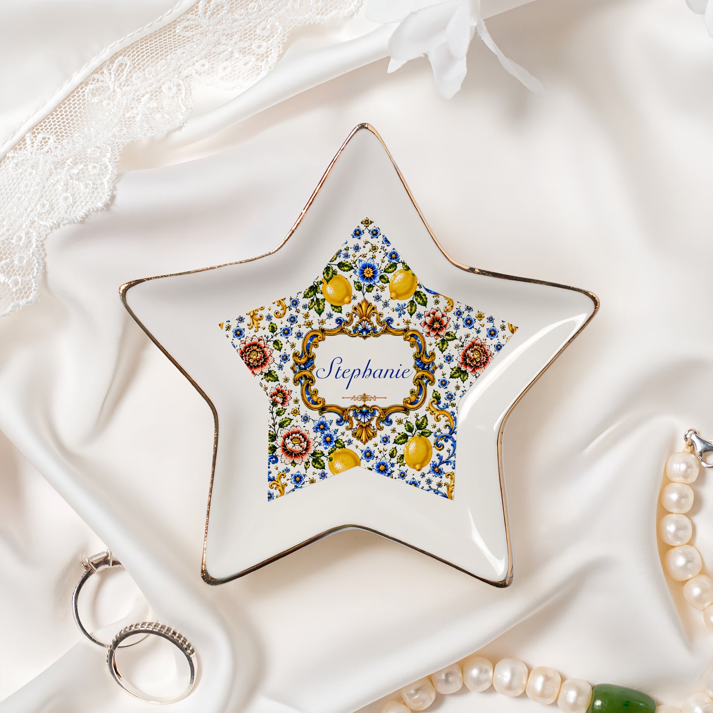 Mediterranean Style & Majolica Print Blue Lemon - Personalized Jewelry Dish-Myprintsy