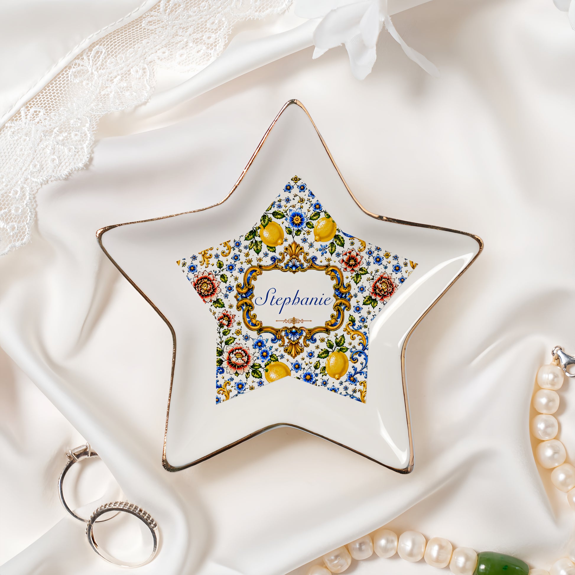 Mediterranean Style & Majolica Print Blue Lemon - Personalized Jewelry Dish-Myprintsy