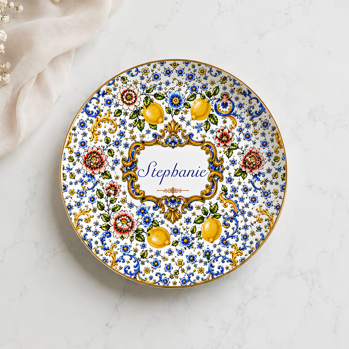 Mediterranean Style & Majolica Print Blue Lemon - Personalized Jewelry Dish-Myprintsy