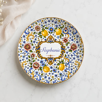 Mediterranean Style & Majolica Print Blue Lemon - Personalized Jewelry Dish-Myprintsy